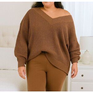 Zenana Plus Size V-Neck Off The Shoulder Waffle Knit Sweater Camel Brown Sz 3X